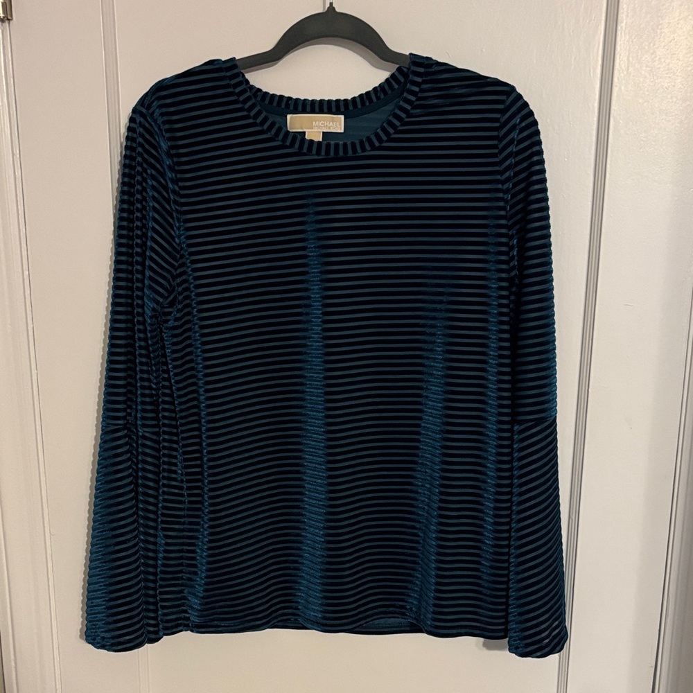 Michael Kors Navy Striped Velvet Long Sleeve Top